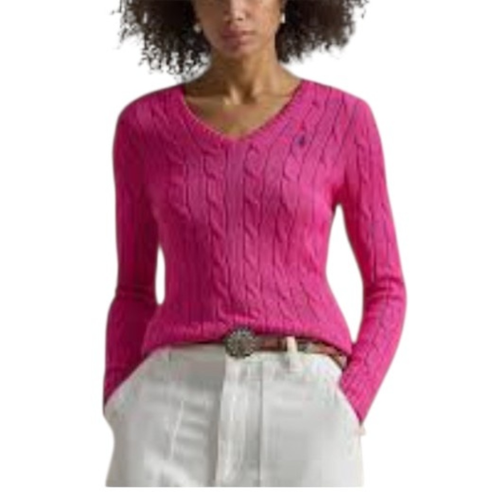Polo Ralph Lauren Sweater Women's 100% Pima Cotton Medium Pink Cable Knit V Neck